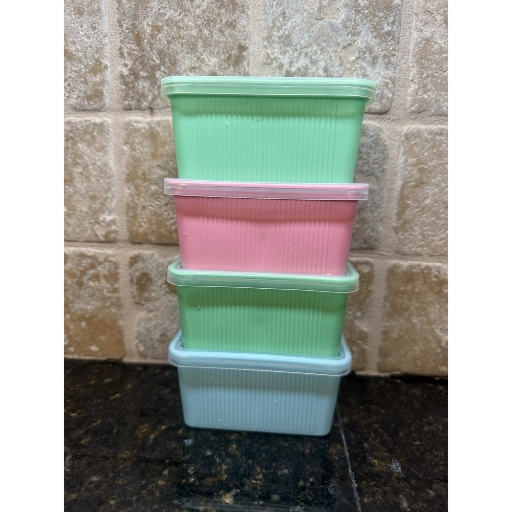 VTG Set Of 4 Goody Handi Boxes Storage Containers Pastel Colors Plastic Lids‎